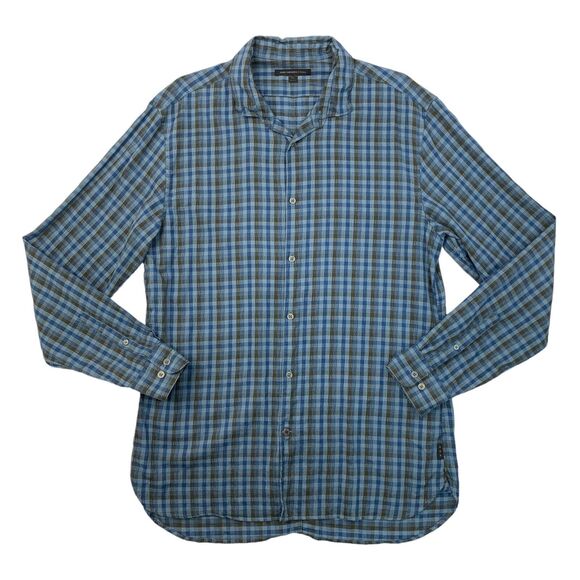 John Varvatos Shirt Mens XL Extra Large Blue Green Plaid Button Up Long Sleeve - Picture 1 of 10